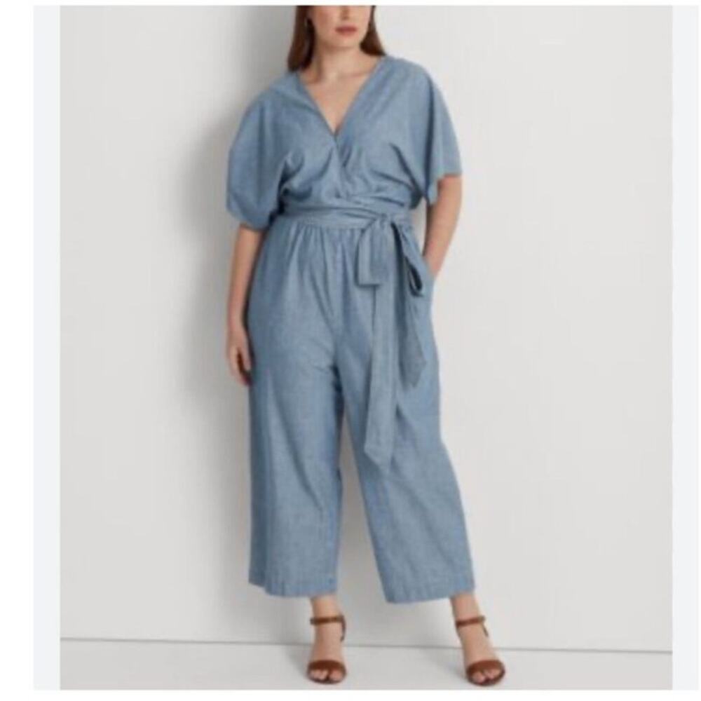 NWT Ralph Lauren Womens Plus Size 20W Chambray Wrap Jumpsuit Office Clean Girl